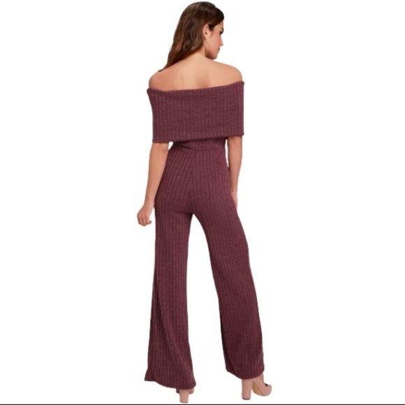Lulu’s Off Shoulder Burgundy Ribbed Knit Wide Leg Jumpsuit - Picture 4 of 8